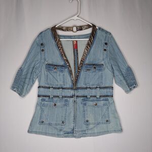Apple Bottoms Denim Jacket Large Blue Half-Sleeve Faux Leather Trim Y2K
